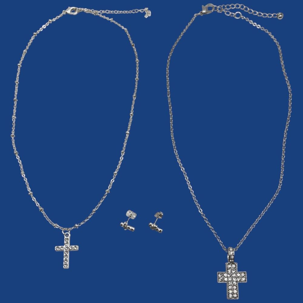 Rhinestone Cross Necklace Earrings Lot Silver Tone Christian Religious Jewelry - Picture 3 of 6